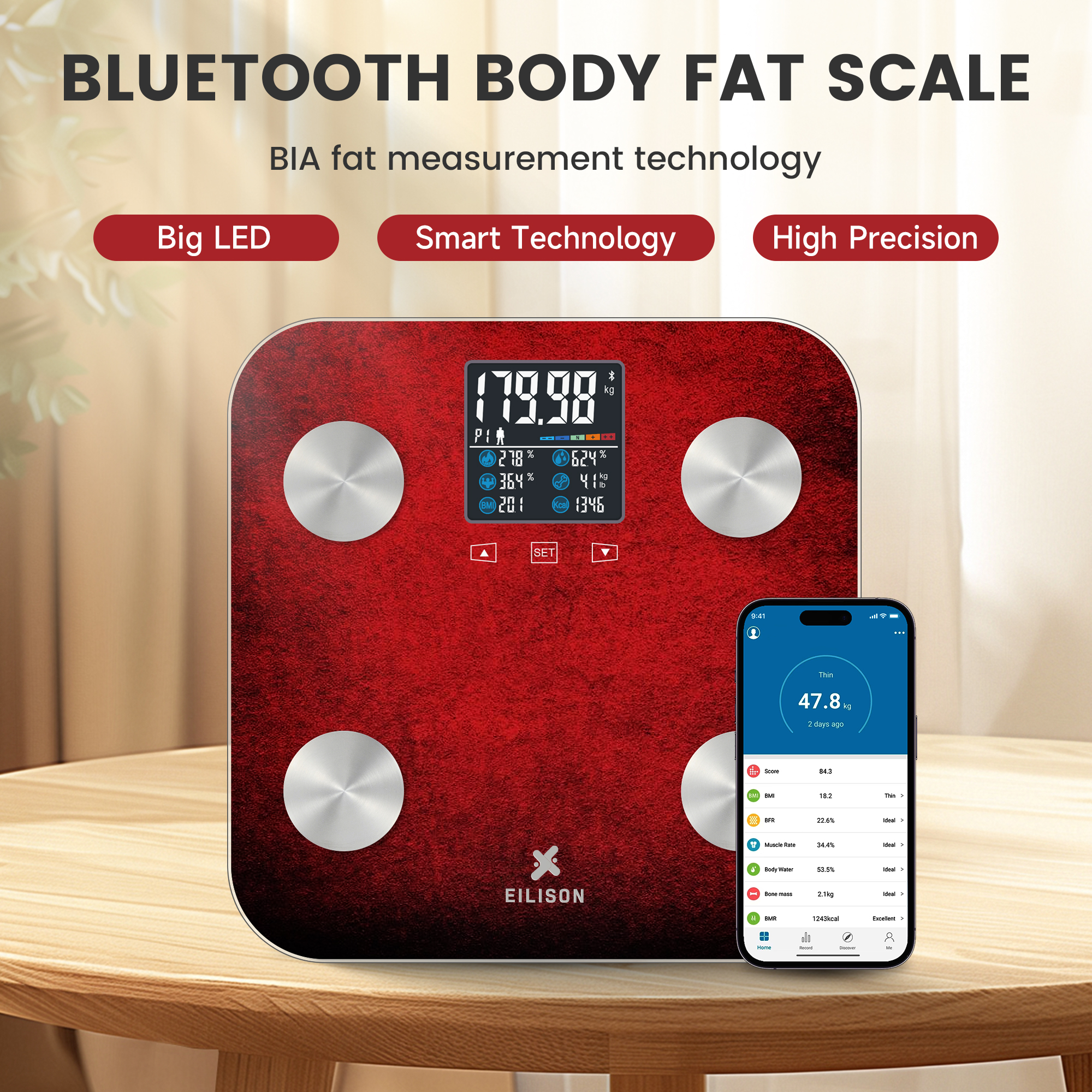 EILISON Digital Bathroom Scale with 4 Electrodes & BIA Technology High-Precision (Smart Red)