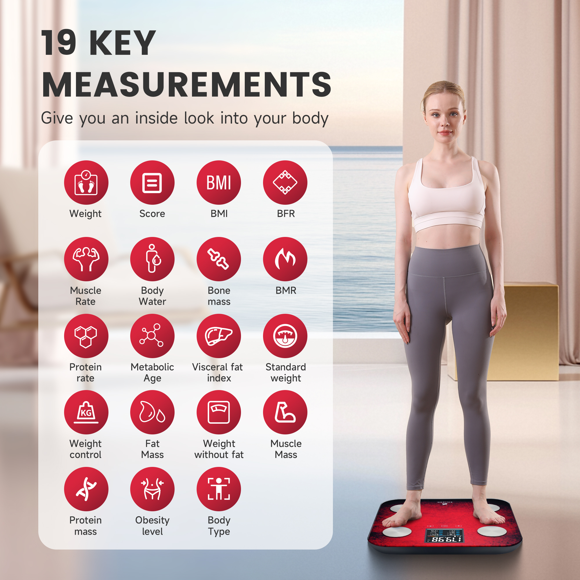 EILISON Digital Bathroom Scale with 4 Electrodes & BIA Technology High-Precision (Smart Red)