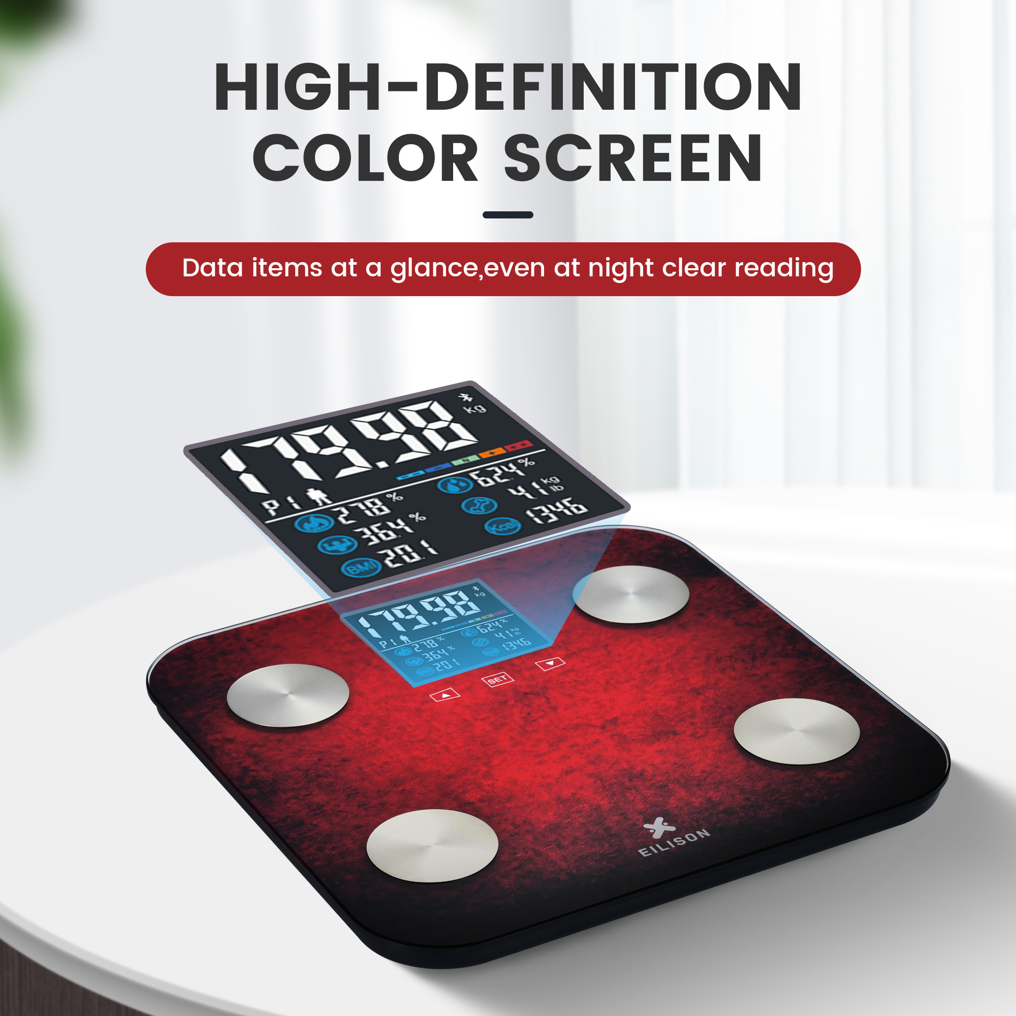 EILISON Digital Bathroom Scale with 4 Electrodes & BIA Technology High-Precision (Smart Red)