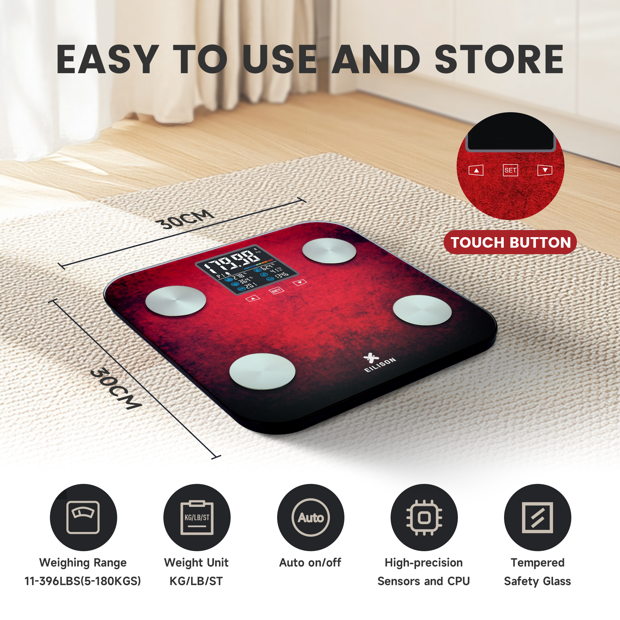 EILISON Digital Bathroom Scale with 4 Electrodes & BIA Technology High-Precision (Smart Red)