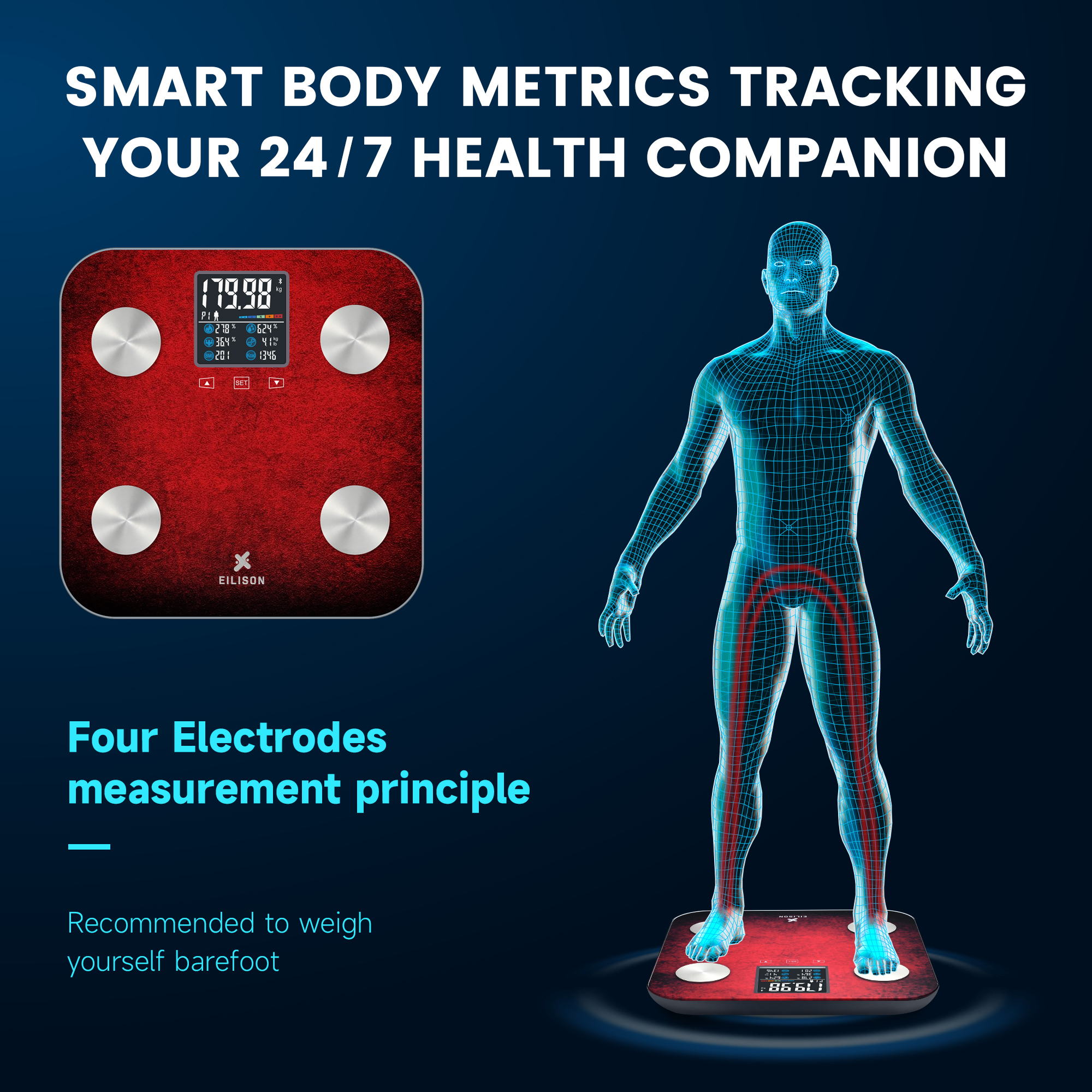 EILISON Digital Bathroom Scale with 4 Electrodes & BIA Technology High-Precision (Smart Red)