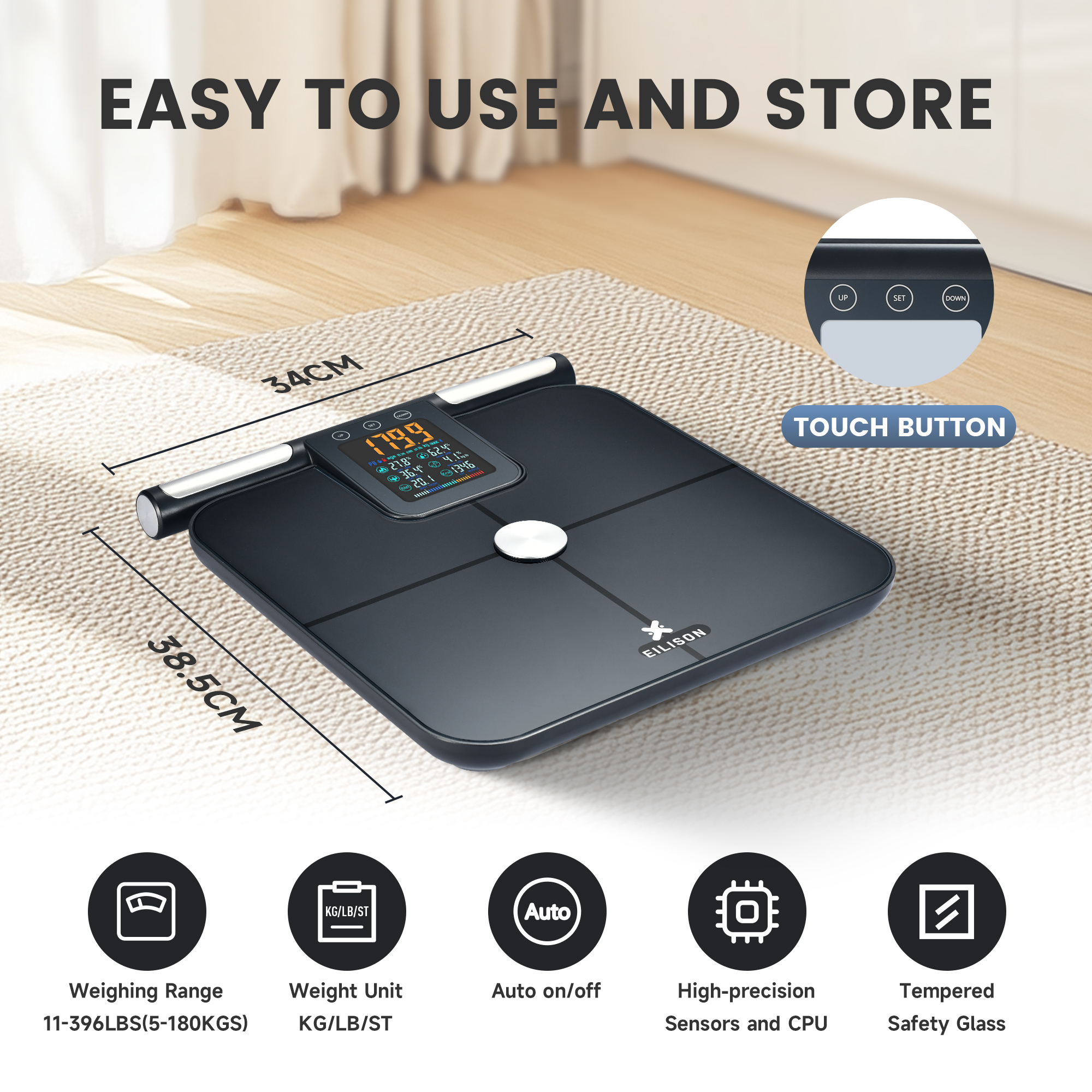 EILISON 8-Electrode Body Fat Scale with ITO Coating & BIA Tech, Digital Bathroom Scale(Grey)