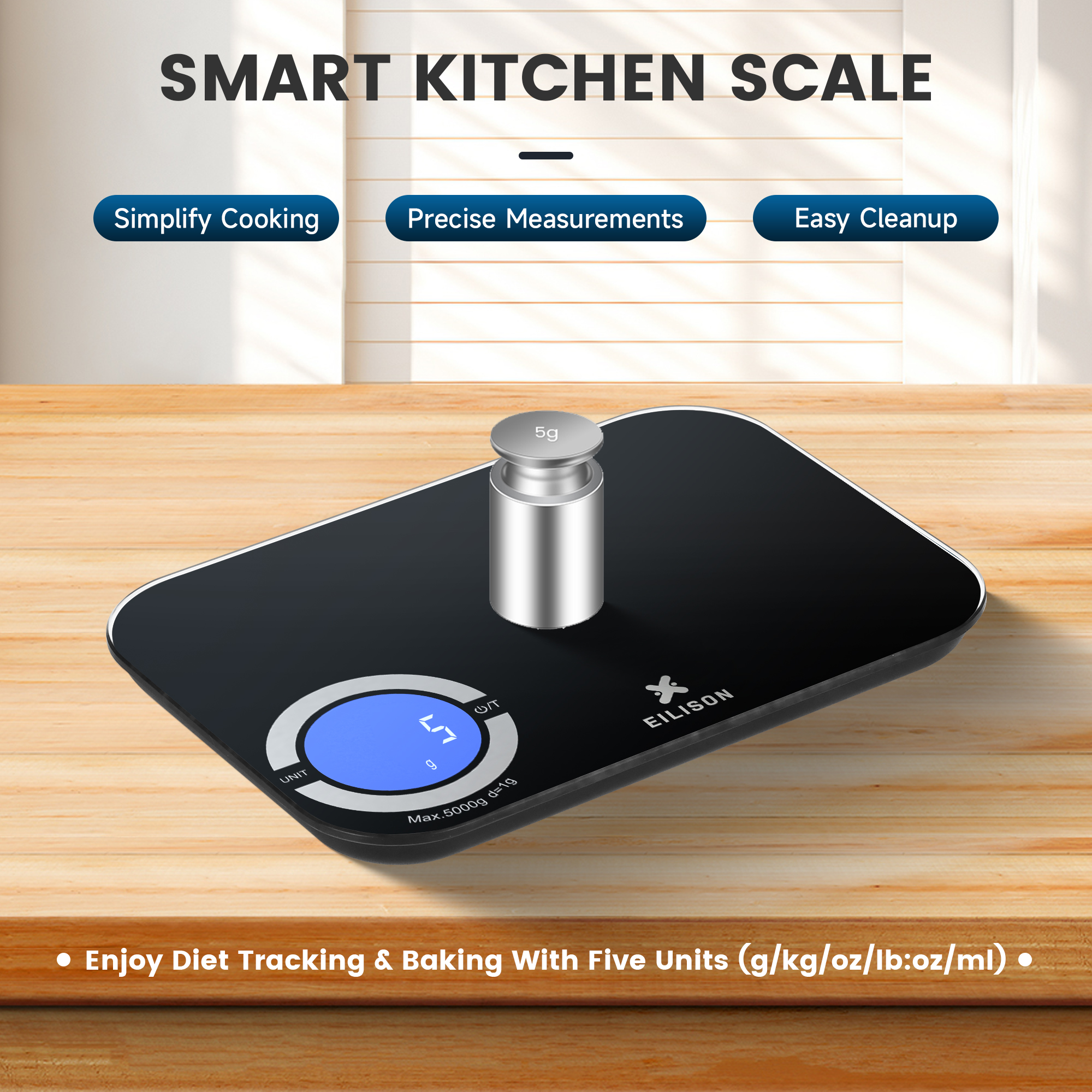 EILISON Smart Kitchen Scale with Bluetooth App, High-Precision Digital Food Scale for Baking (Black)