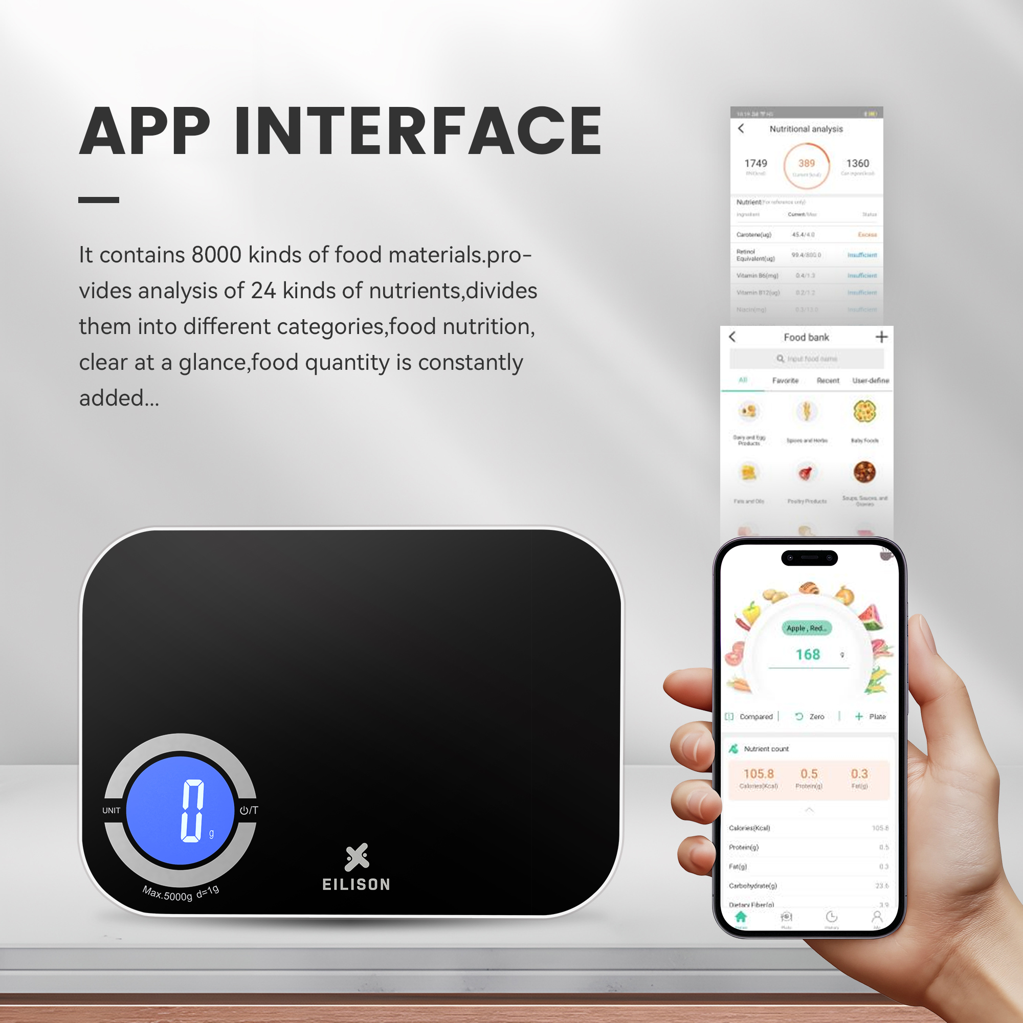 EILISON Smart Kitchen Scale with Bluetooth App, High-Precision Digital Food Scale for Baking (Black)