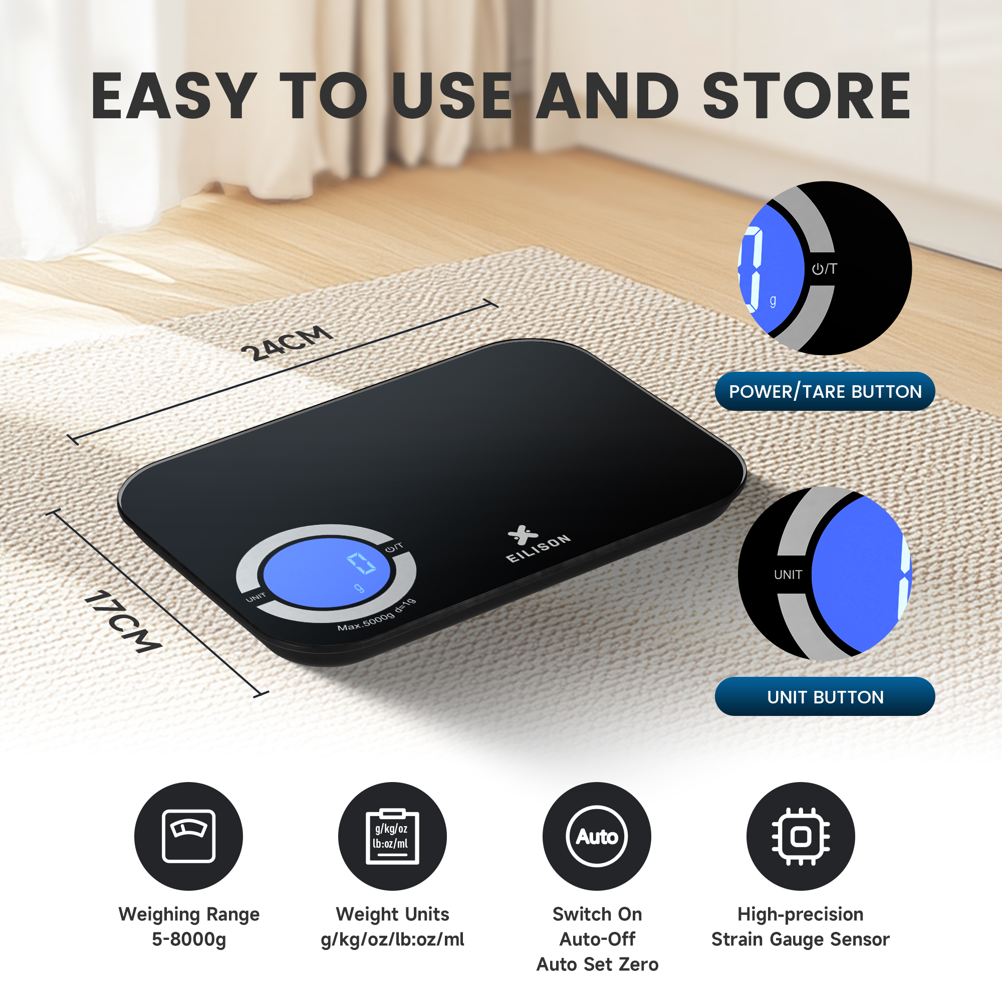 EILISON Smart Kitchen Scale with Bluetooth App, High-Precision Digital Food Scale for Baking (Black)