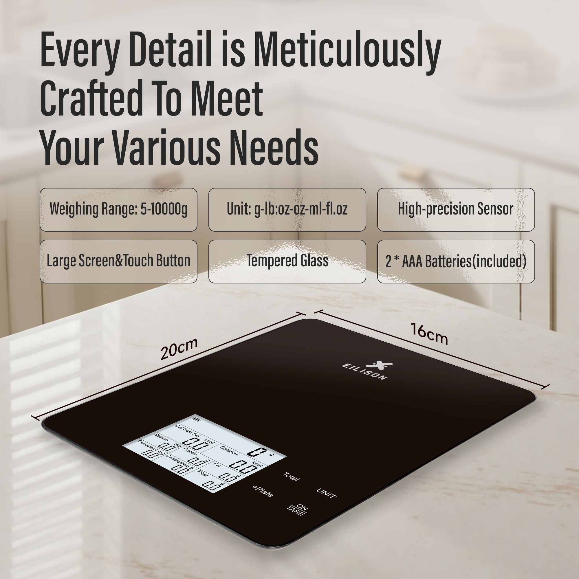 EILISON Smart Kitchen Scale with High-Precision Bluetooth App, Digital Food Scale for Baking (Black)