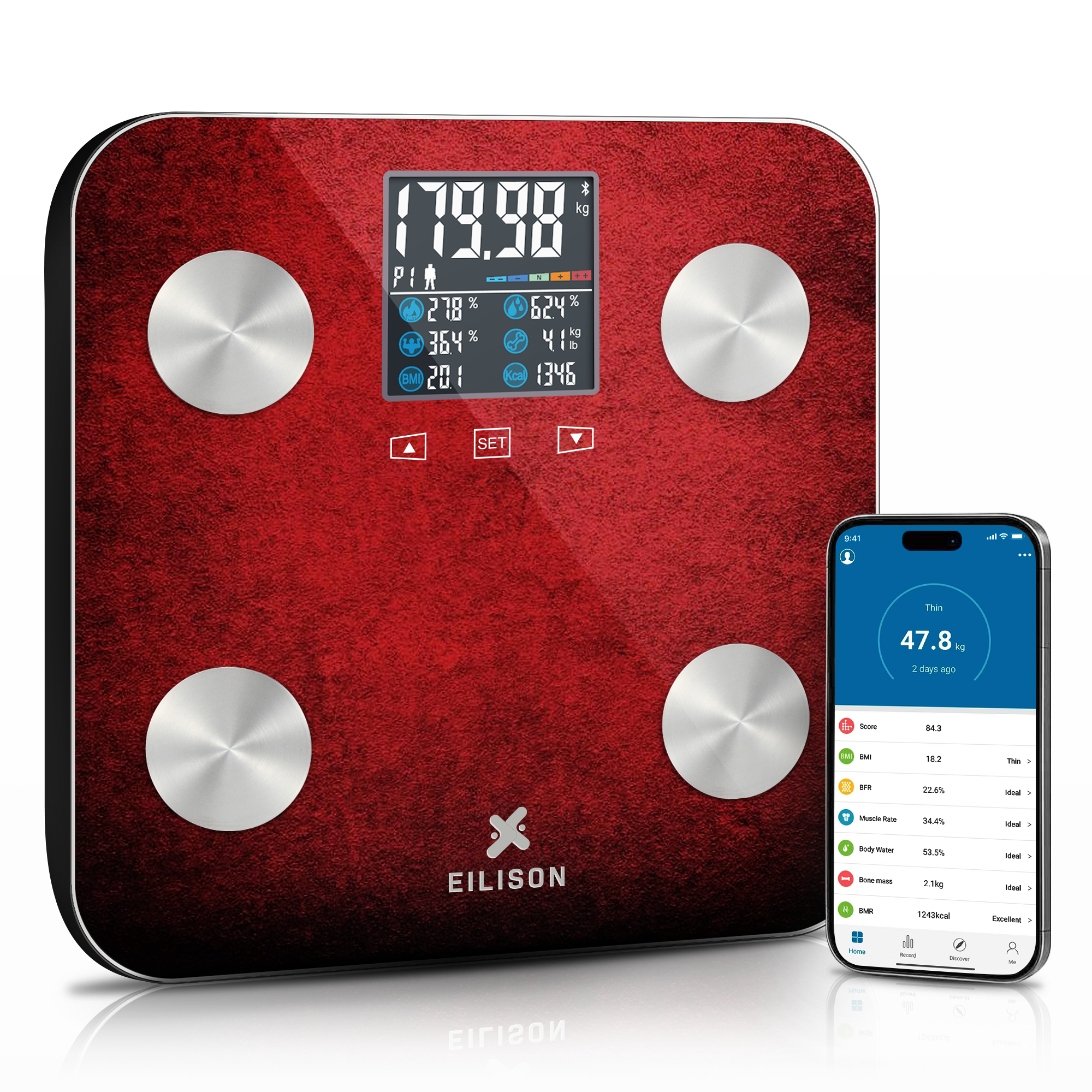 EILISON Digital Bathroom Scale with 4 Electrodes & BIA Technology High-Precision (Smart Red)